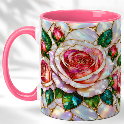 #pl[11oz|Pink] Rose Floral Coffee Mug, Stained Glass Mug, Ceramic Cup