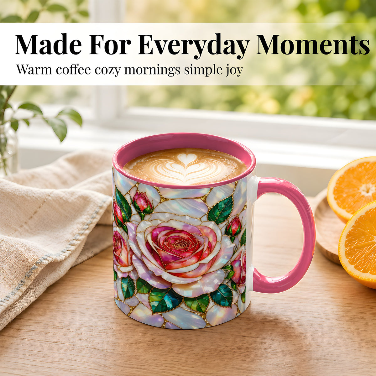 #pl[11oz|Pink] Rose Floral Coffee Mug, Stained Glass Mug, Ceramic Cup