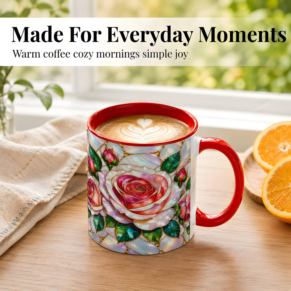 #pl[11oz|Red] Rose Floral Coffee Mug, Stained Glass Mug, Ceramic Cup