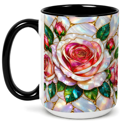 #pl[15oz|Black] Rose Floral Coffee Mug, Stained Glass Mug, Ceramic Cup