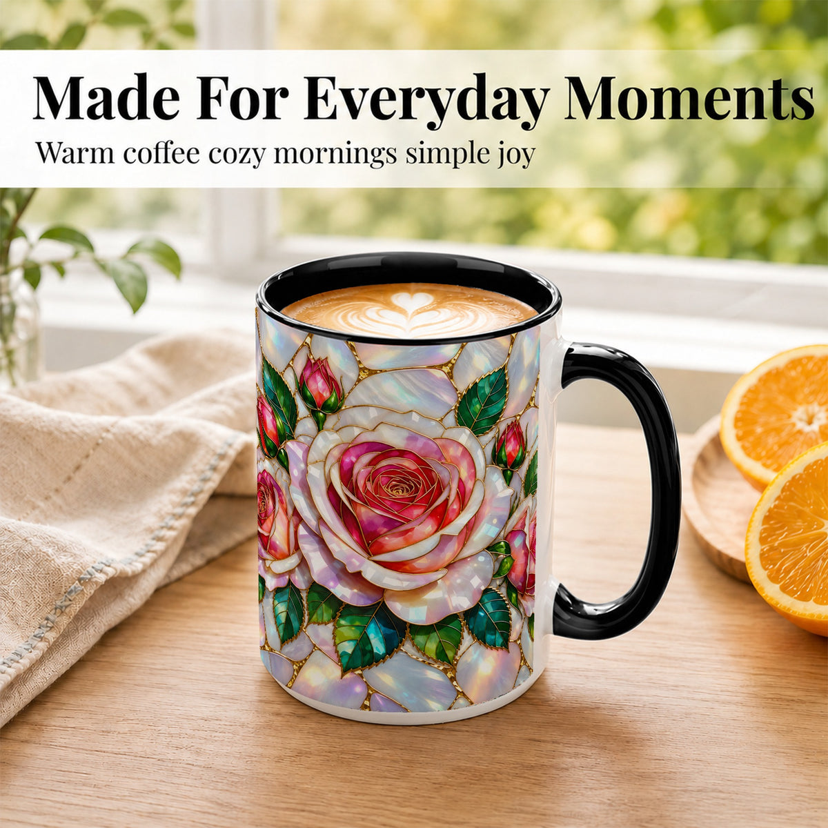#pl[15oz|Black] Rose Floral Coffee Mug, Stained Glass Mug, Ceramic Cup