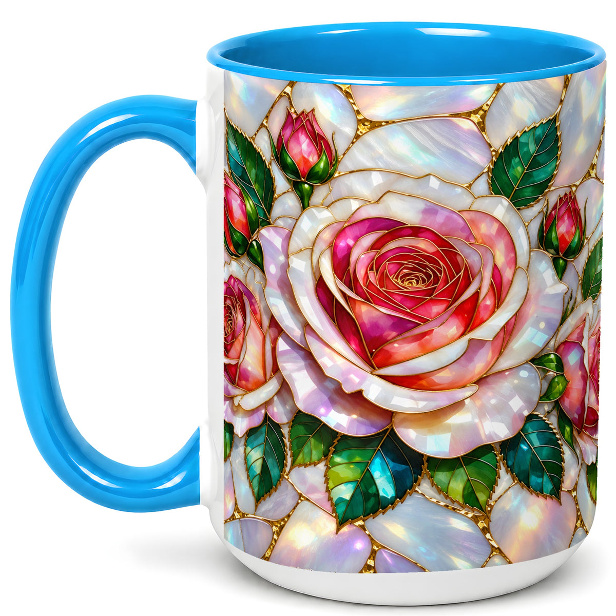 #pl[15oz|Blue] Rose Floral Coffee Mug, Stained Glass Mug, Ceramic Cup