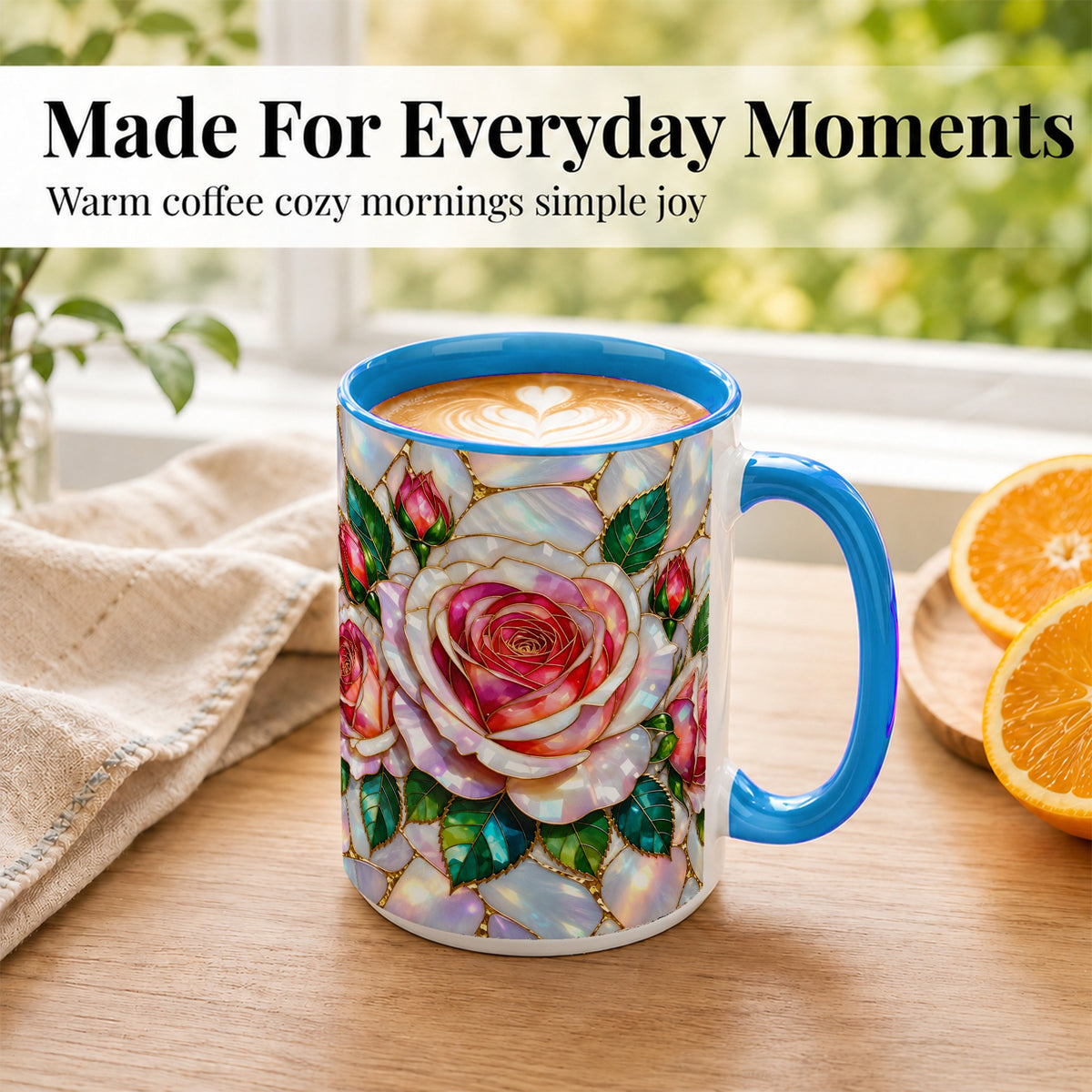 #pl[15oz|Blue] Rose Floral Coffee Mug, Stained Glass Mug, Ceramic Cup
