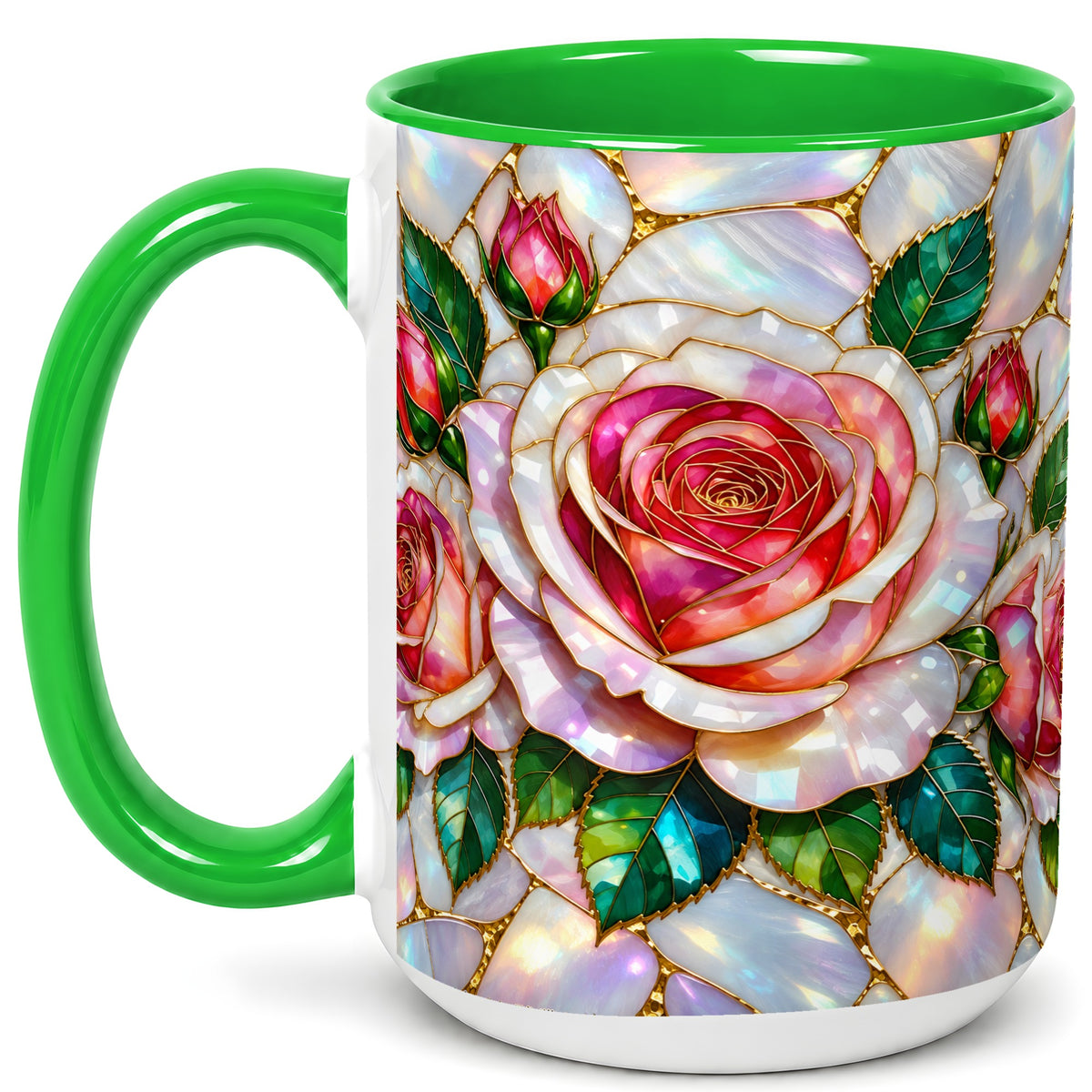 #pl[15oz|Green] Rose Floral Coffee Mug, Stained Glass Mug, Ceramic Cup