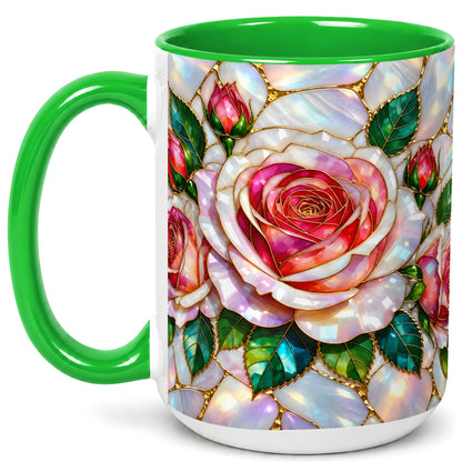 #pl[15oz|Green] Rose Floral Coffee Mug, Stained Glass Mug, Ceramic Cup