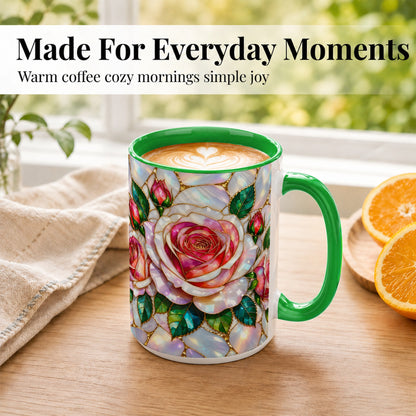 #pl[15oz|Green] Rose Floral Coffee Mug, Stained Glass Mug, Ceramic Cup