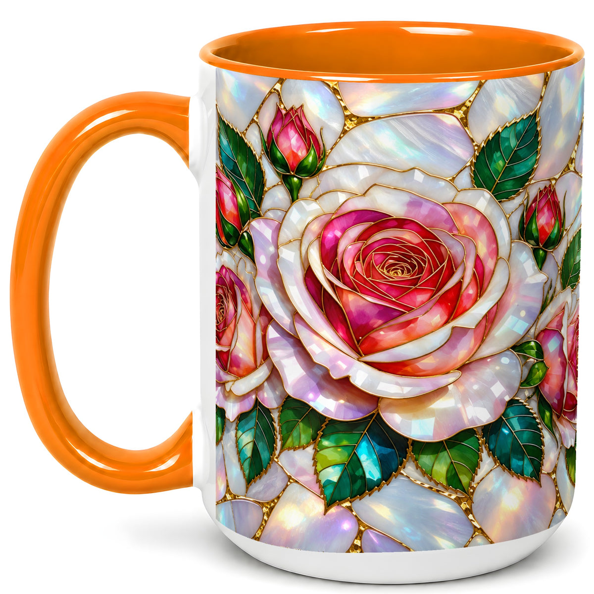 #pl[15oz|Orange] Rose Floral Coffee Mug, Stained Glass Mug, Ceramic Cup
