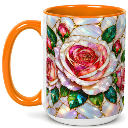 #pl[15oz|Orange] Rose Floral Coffee Mug, Stained Glass Mug, Ceramic Cup