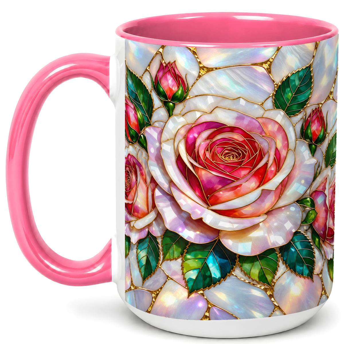 #pl[15oz|Pink] Rose Floral Coffee Mug, Stained Glass Mug, Ceramic Cup