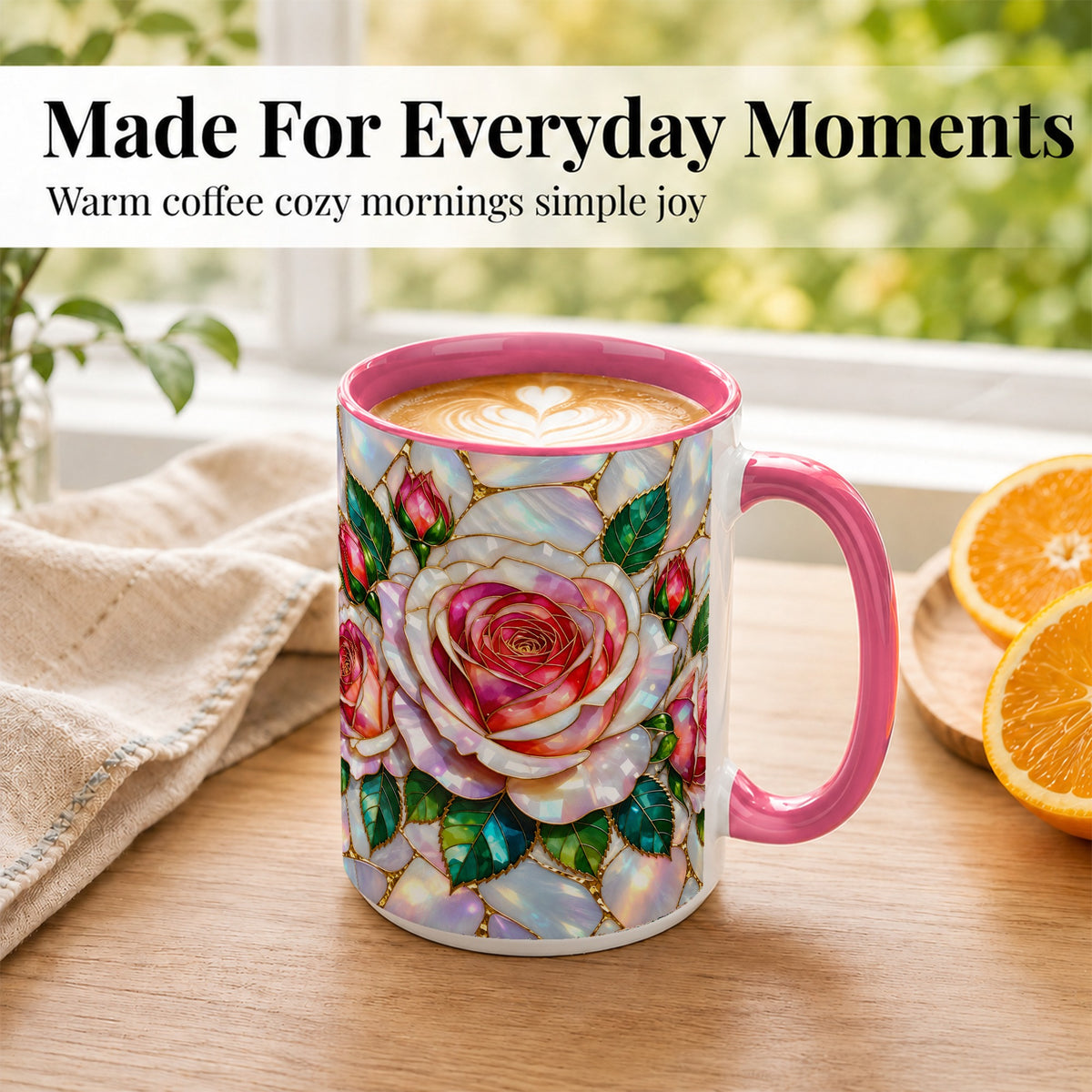 #pl[15oz|Pink] Rose Floral Coffee Mug, Stained Glass Mug, Ceramic Cup