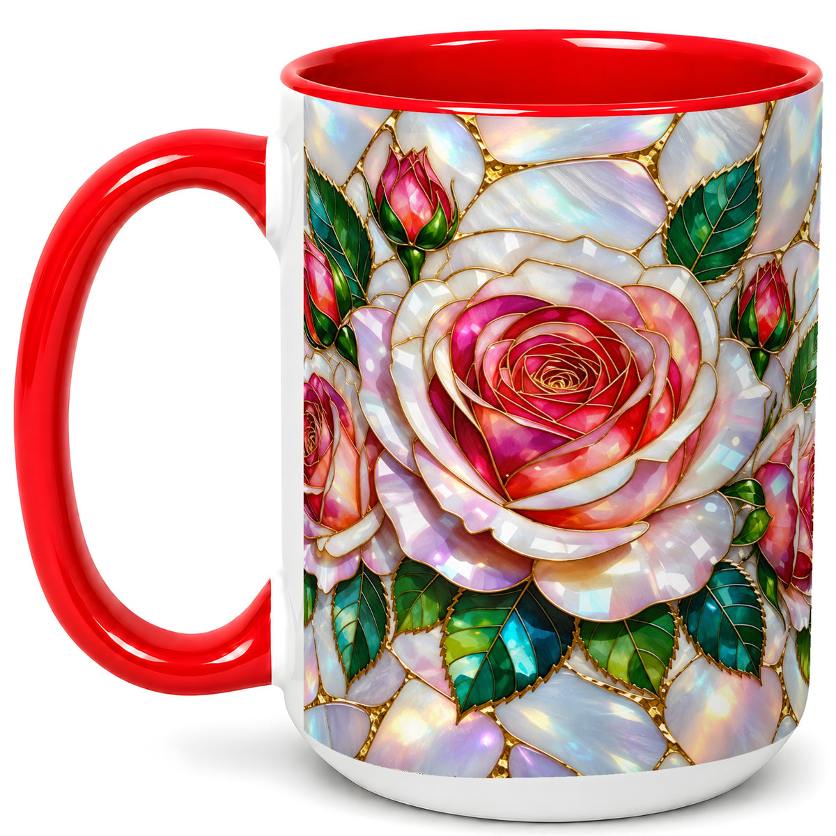 #pl[15oz|Red] Rose Floral Coffee Mug, Stained Glass Mug, Ceramic Cup