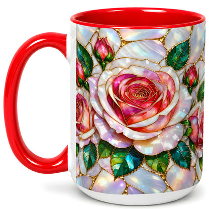 #pl[15oz|Red] Rose Floral Coffee Mug, Stained Glass Mug, Ceramic Cup