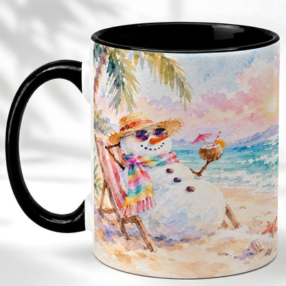 #pl[11oz|Black] Beach Snowman Coffee Mug, Summer Snowman Mug, Ceramic Cup