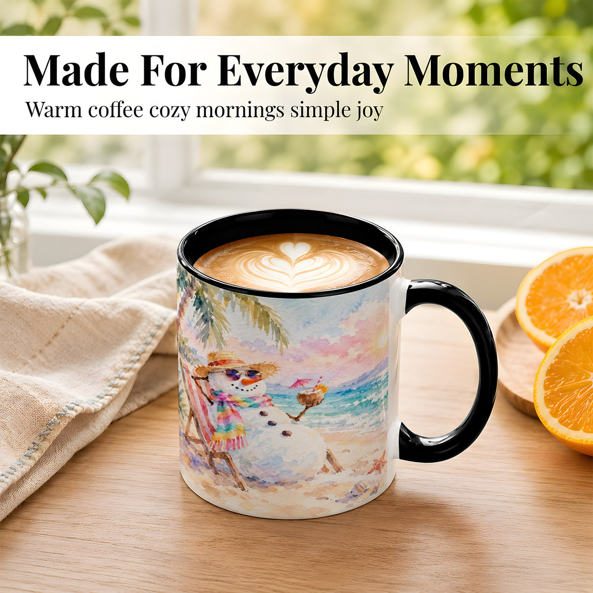 #pl[11oz|Black] Beach Snowman Coffee Mug, Summer Snowman Mug, Ceramic Cup
