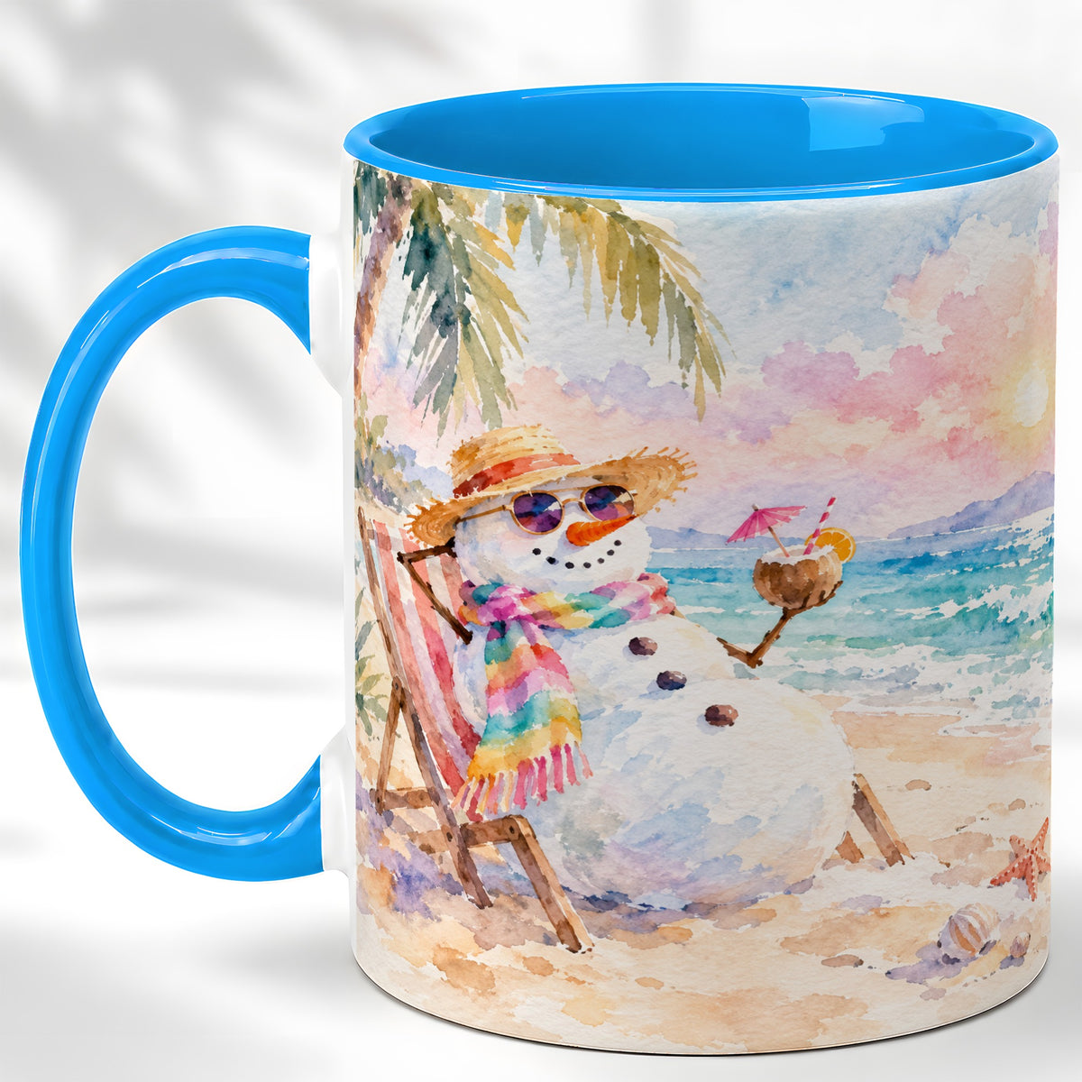 #pl[11oz|Blue] Beach Snowman Coffee Mug, Summer Snowman Mug, Ceramic Cup