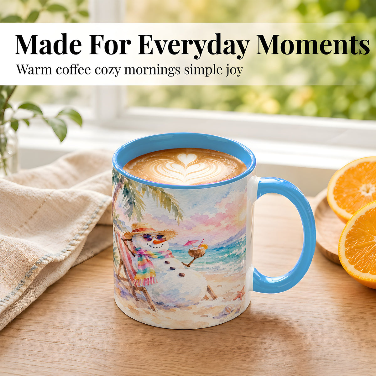 #pl[11oz|Blue] Beach Snowman Coffee Mug, Summer Snowman Mug, Ceramic Cup
