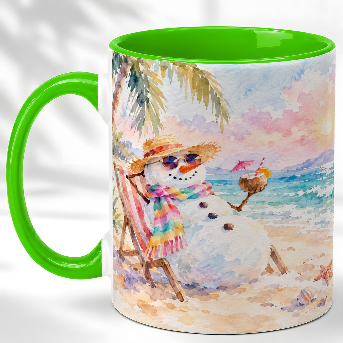 #pl[11oz|Green] Beach Snowman Coffee Mug, Summer Snowman Mug, Ceramic Cup