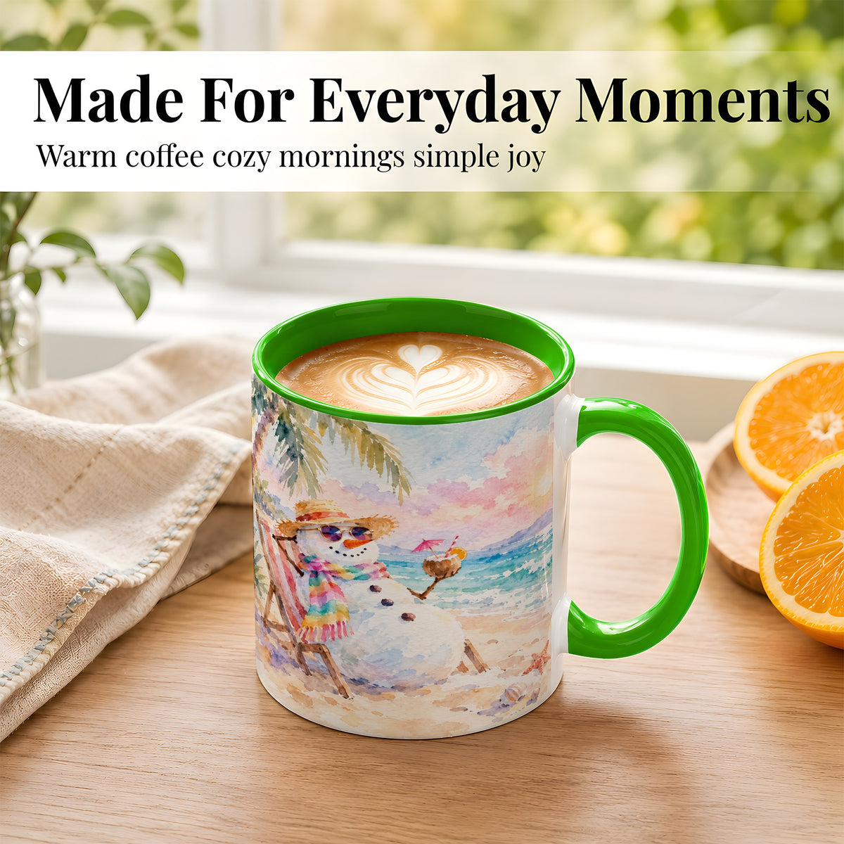 #pl[11oz|Green] Beach Snowman Coffee Mug, Summer Snowman Mug, Ceramic Cup