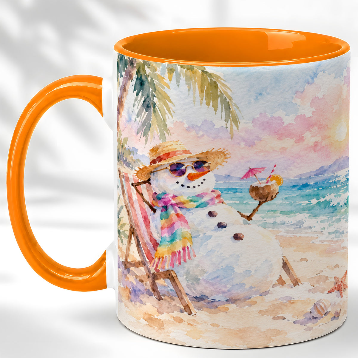 #pl[11oz|Orange] Beach Snowman Coffee Mug, Summer Snowman Mug, Ceramic Cup
