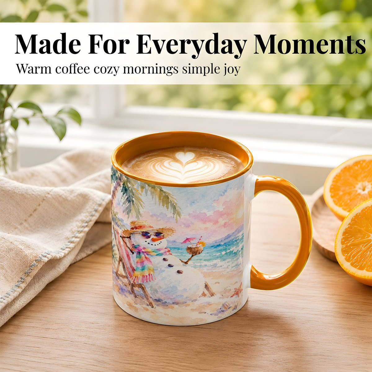 #pl[11oz|Orange] Beach Snowman Coffee Mug, Summer Snowman Mug, Ceramic Cup