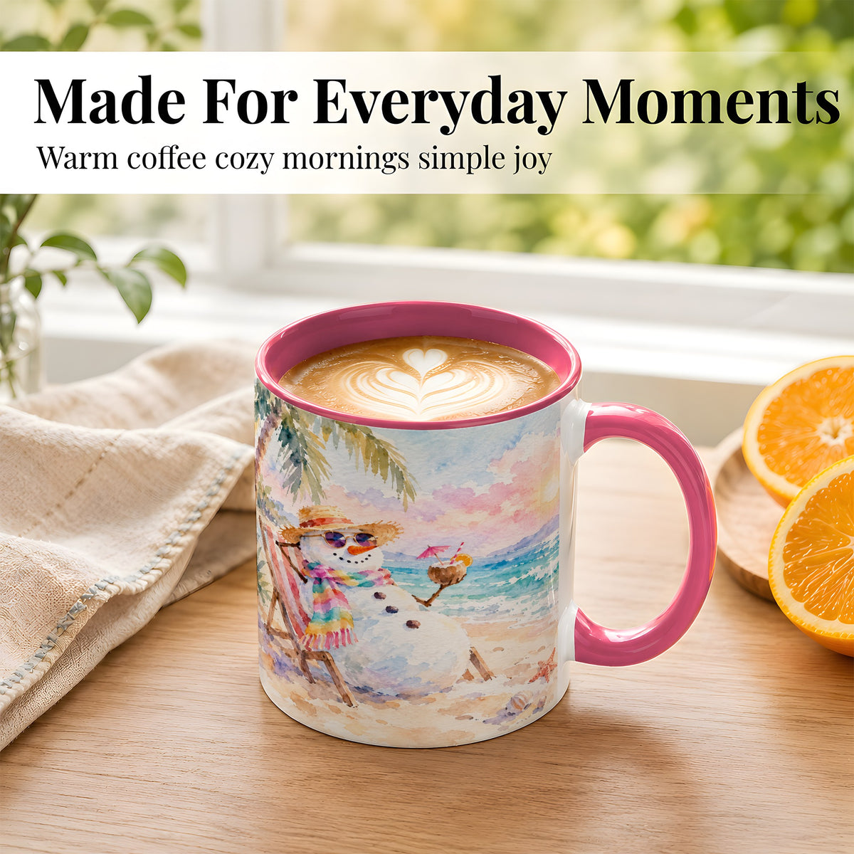 #pl[11oz|Pink] Beach Snowman Coffee Mug, Summer Snowman Mug, Ceramic Cup