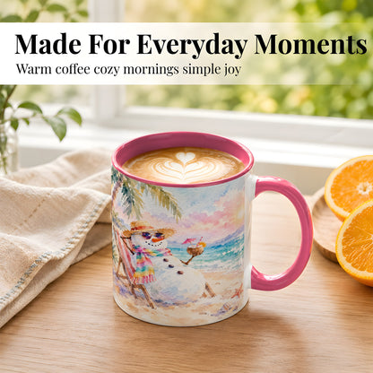 #pl[11oz|Pink] Beach Snowman Coffee Mug, Summer Snowman Mug, Ceramic Cup