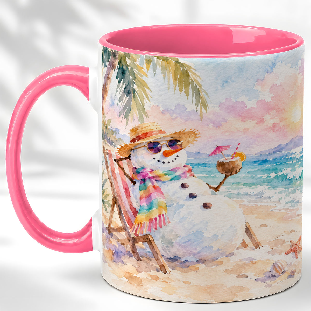 #pl[11oz|Pink] Beach Snowman Coffee Mug, Summer Snowman Mug, Ceramic Cup