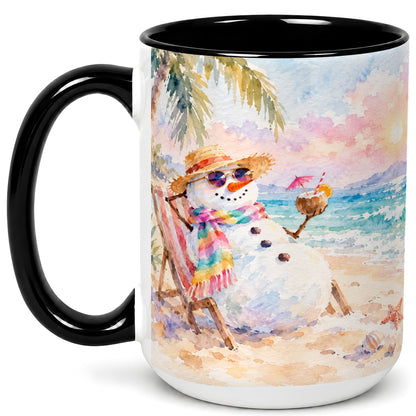 #pl[15oz|Black] Beach Snowman Coffee Mug, Summer Snowman Mug, Ceramic Cup