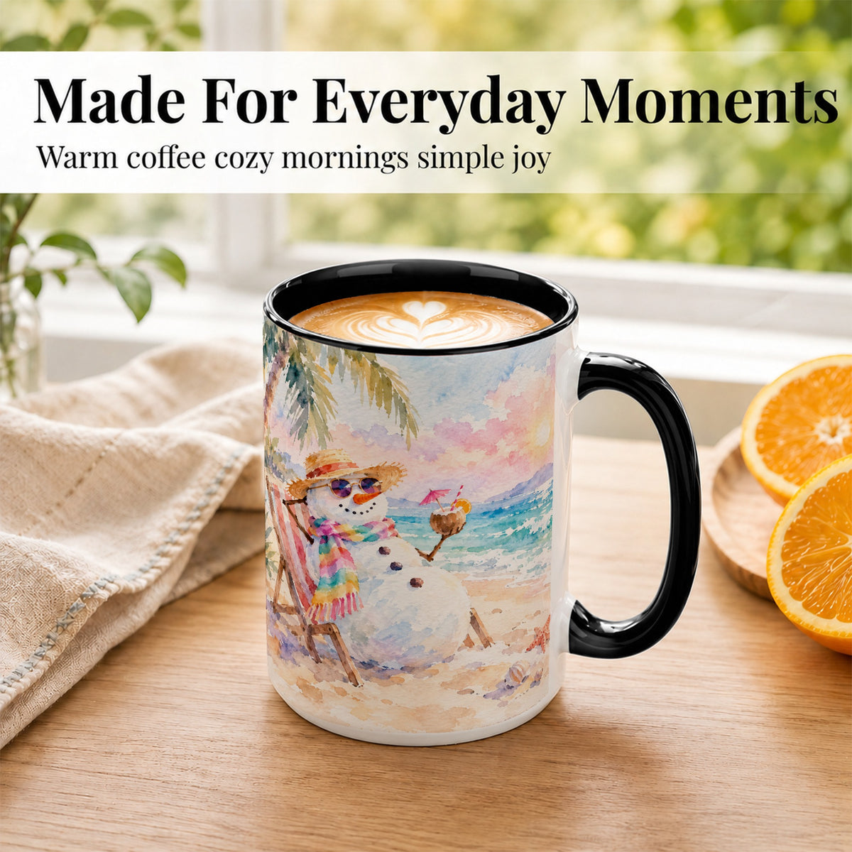 #pl[15oz|Black] Beach Snowman Coffee Mug, Summer Snowman Mug, Ceramic Cup