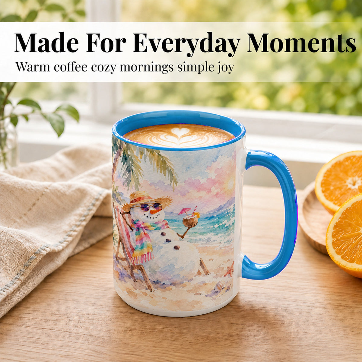 #pl[15oz|Blue] Beach Snowman Coffee Mug, Summer Snowman Mug, Ceramic Cup