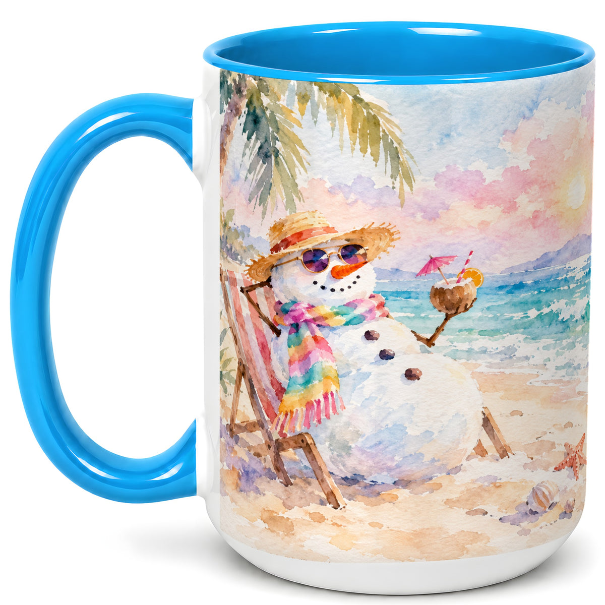 #pl[15oz|Blue] Beach Snowman Coffee Mug, Summer Snowman Mug, Ceramic Cup