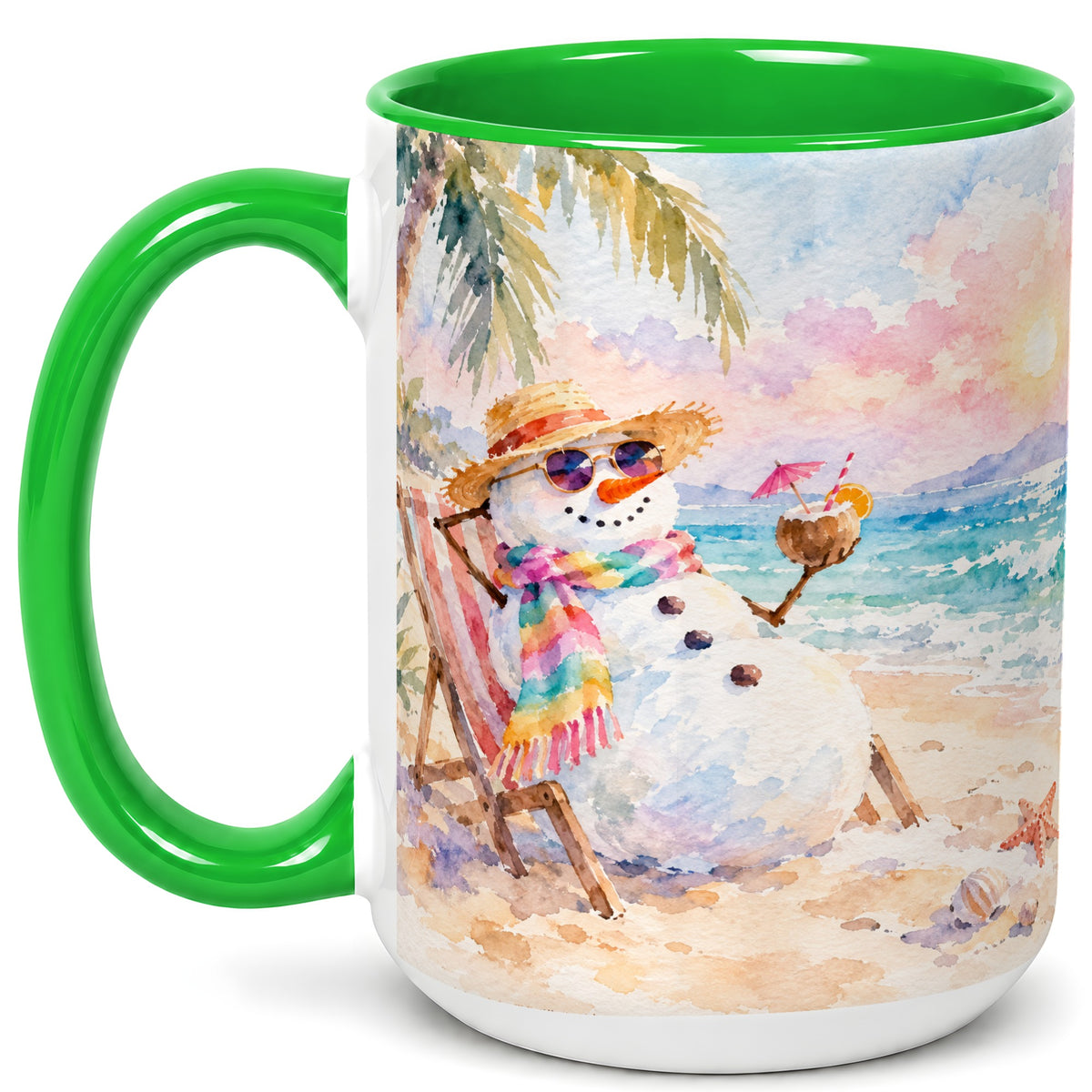 #pl[15oz|Green] Beach Snowman Coffee Mug, Summer Snowman Mug, Ceramic Cup