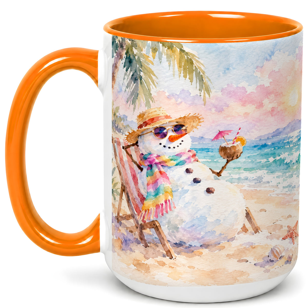 #pl[15oz|Orange] Beach Snowman Coffee Mug, Summer Snowman Mug, Ceramic Cup