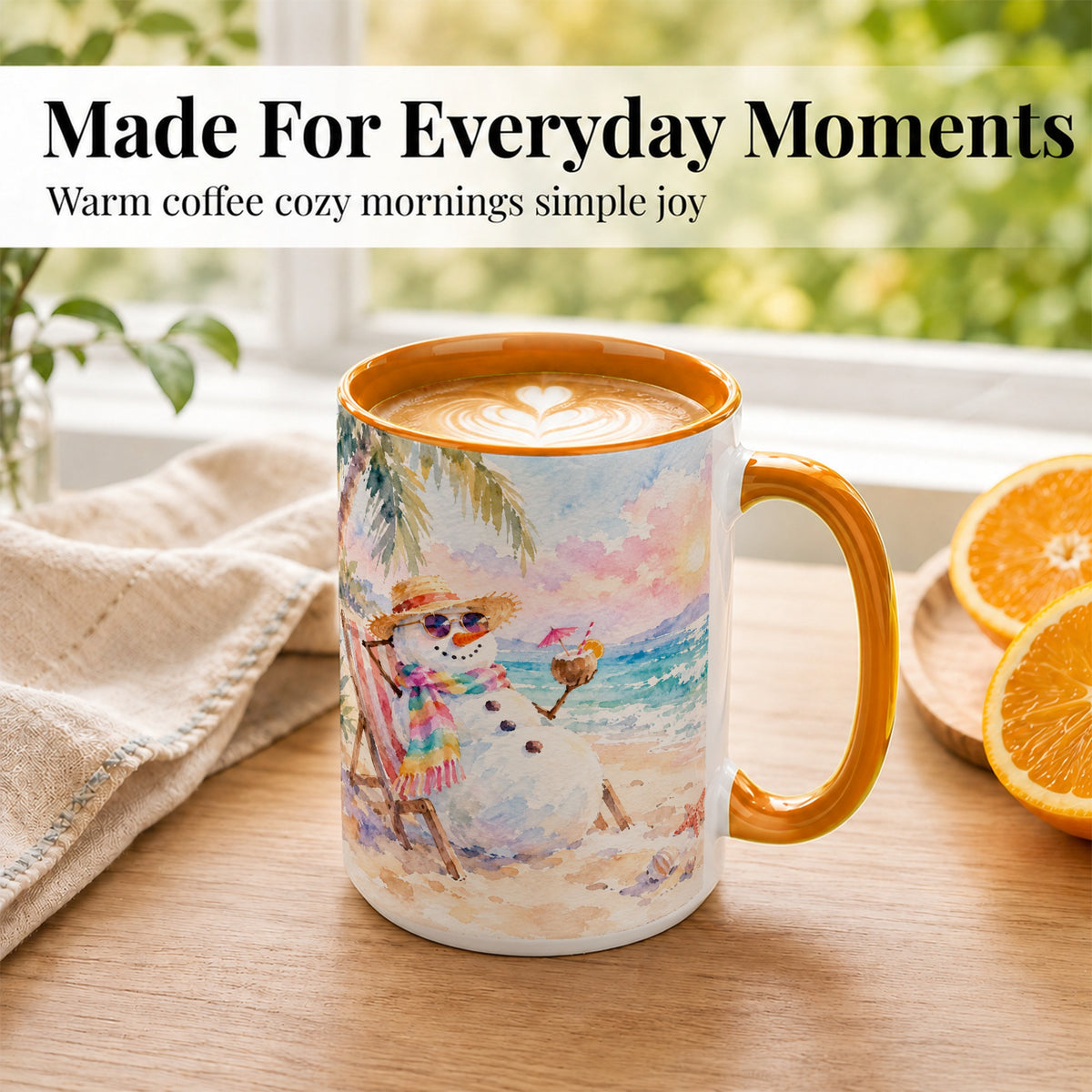 #pl[15oz|Orange] Beach Snowman Coffee Mug, Summer Snowman Mug, Ceramic Cup