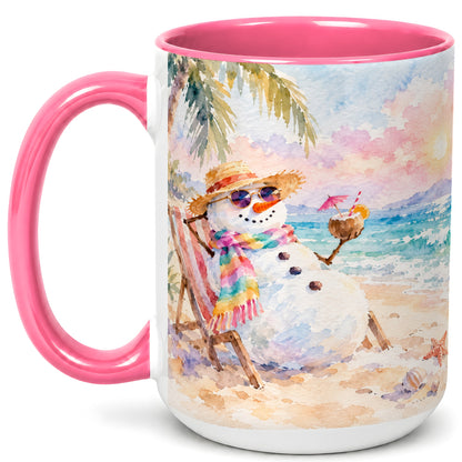 #pl[15oz|Pink] Beach Snowman Coffee Mug, Summer Snowman Mug, Ceramic Cup