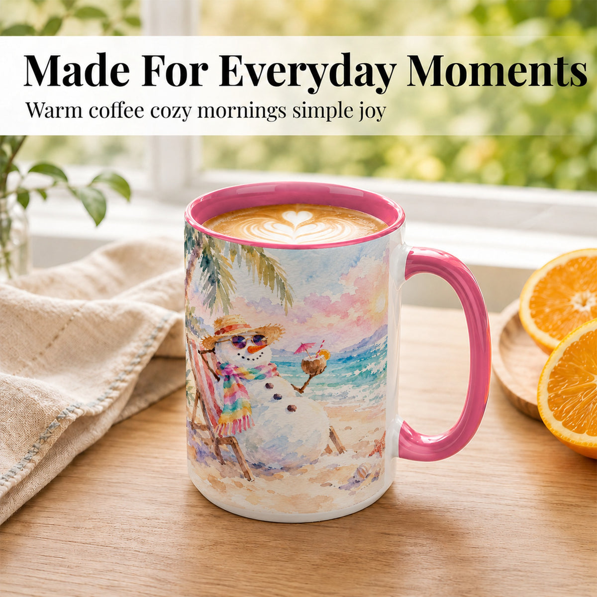 #pl[15oz|Pink] Beach Snowman Coffee Mug, Summer Snowman Mug, Ceramic Cup