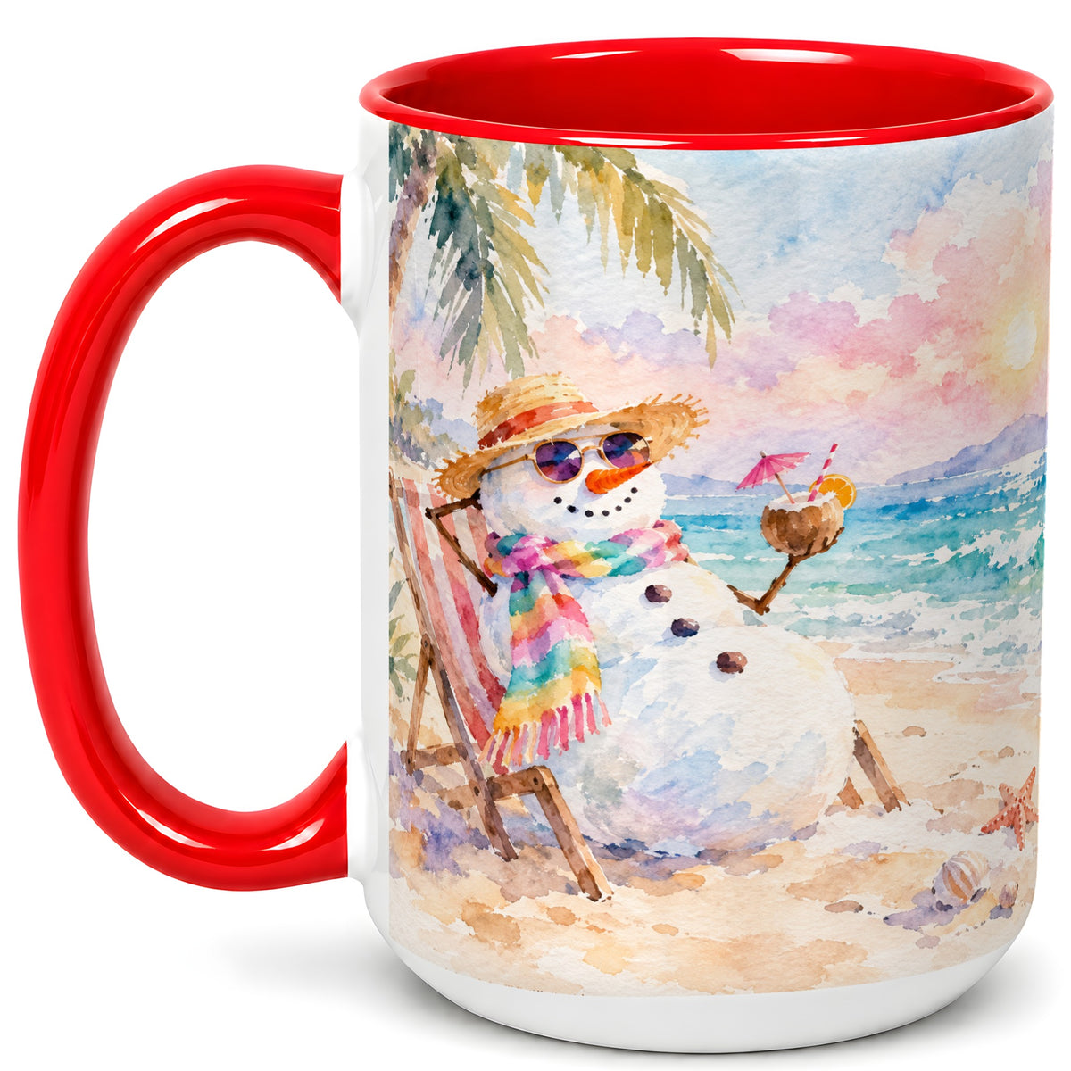 #pl[15oz|Red] Beach Snowman Coffee Mug, Summer Snowman Mug, Ceramic Cup