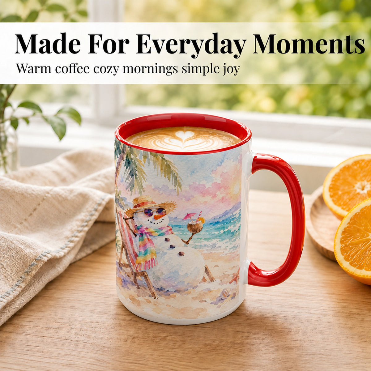 #pl[15oz|Red] Beach Snowman Coffee Mug, Summer Snowman Mug, Ceramic Cup