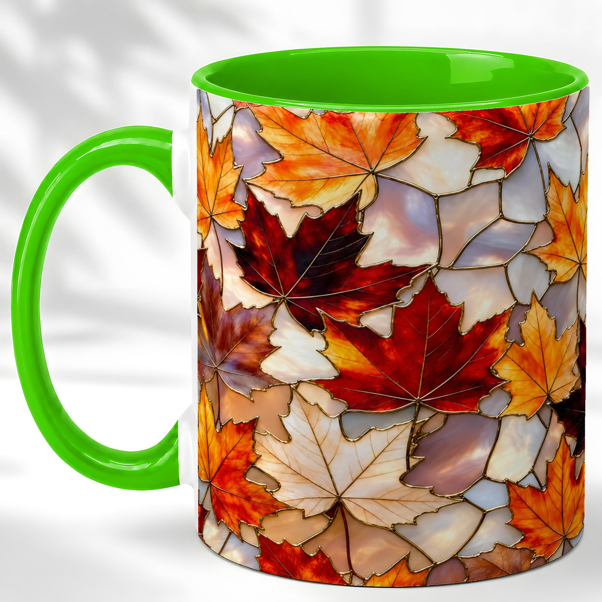 #pl[11oz|Green] Maple Leaf Coffee Mug, Stained Glass Mug, Ceramic Cup
