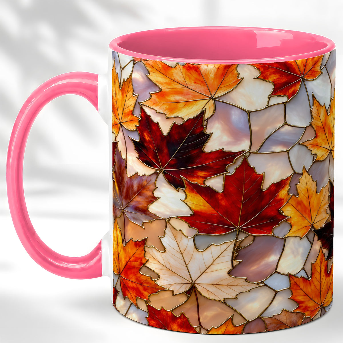 #pl[11oz|Pink] Maple Leaf Coffee Mug, Stained Glass Mug, Ceramic Cup