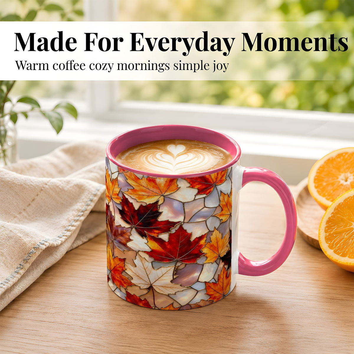 #pl[11oz|Pink] Maple Leaf Coffee Mug, Stained Glass Mug, Ceramic Cup
