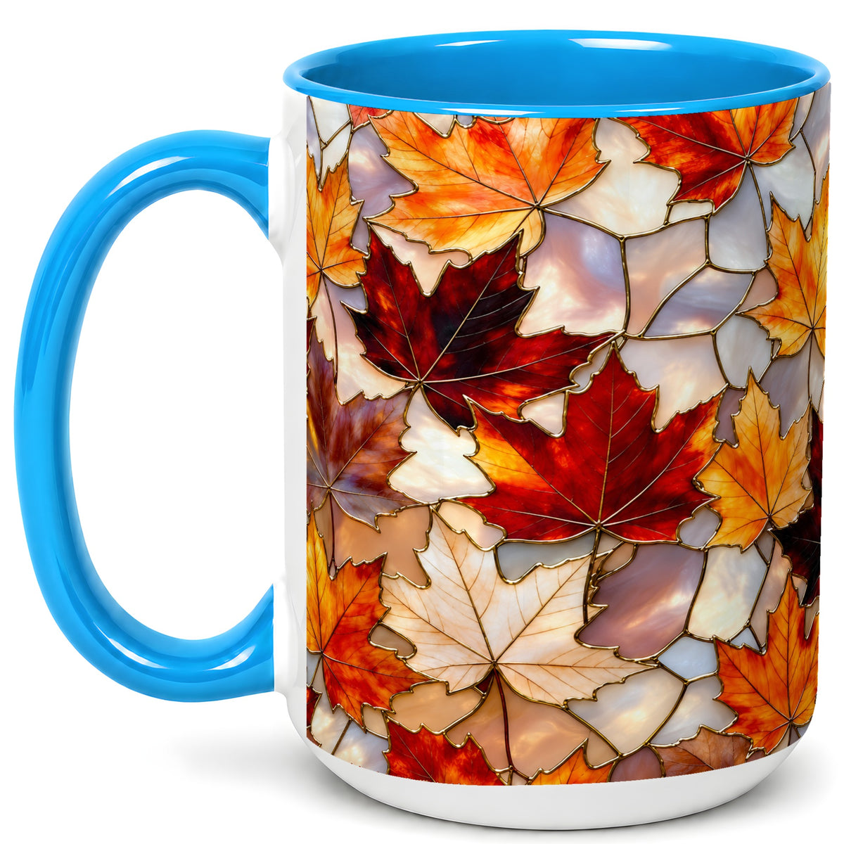 #pl[15oz|Blue] Maple Leaf Coffee Mug, Stained Glass Mug, Ceramic Cup