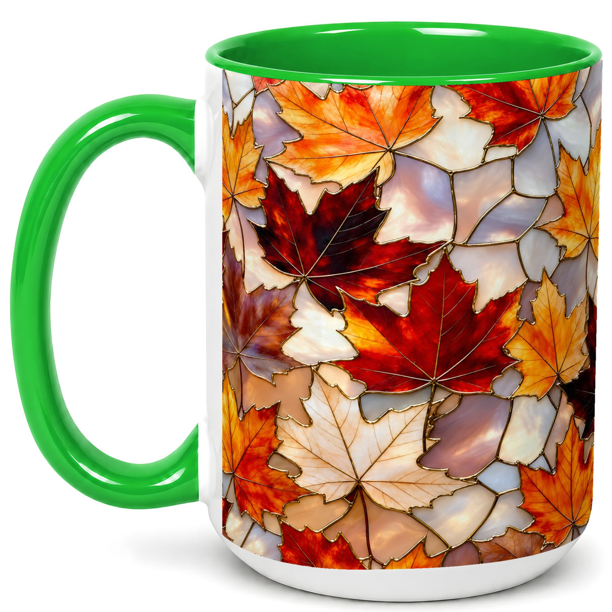 #pl[15oz|Green] Maple Leaf Coffee Mug, Stained Glass Mug, Ceramic Cup