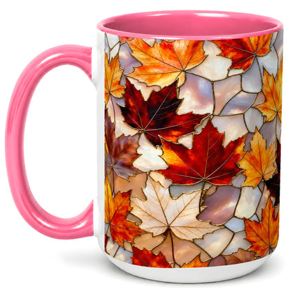 #pl[15oz|Pink] Maple Leaf Coffee Mug, Stained Glass Mug, Ceramic Cup