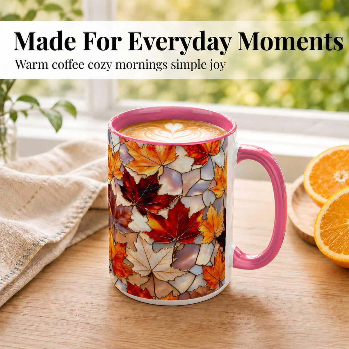 #pl[15oz|Pink] Maple Leaf Coffee Mug, Stained Glass Mug, Ceramic Cup