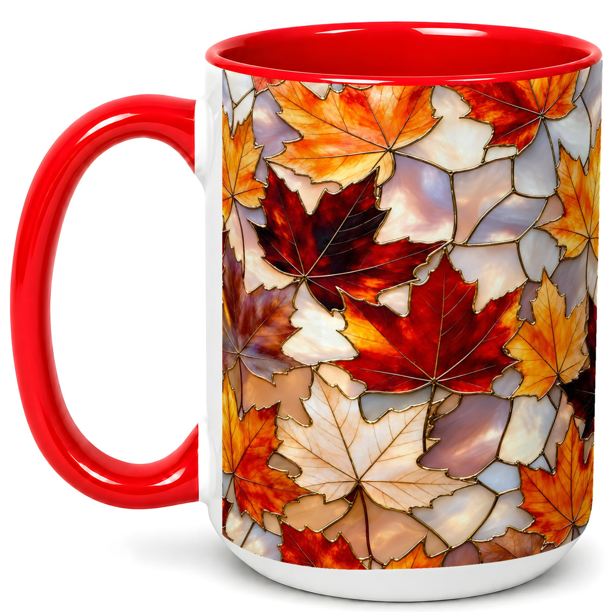 #pl[15oz|Red] Maple Leaf Coffee Mug, Stained Glass Mug, Ceramic Cup