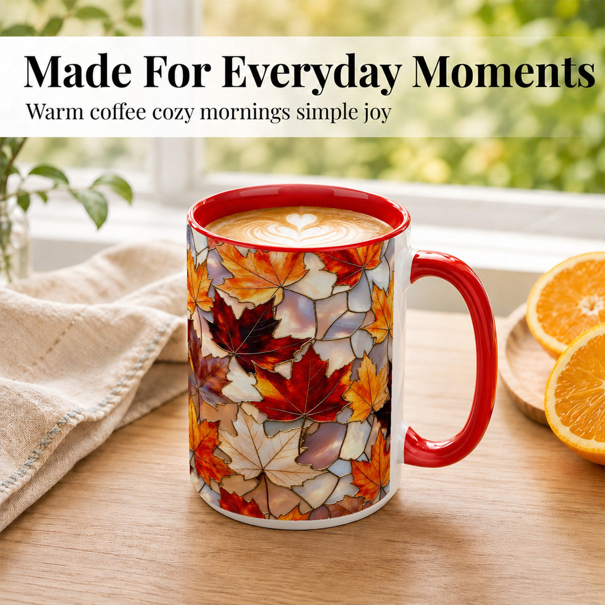 #pl[15oz|Red] Maple Leaf Coffee Mug, Stained Glass Mug, Ceramic Cup