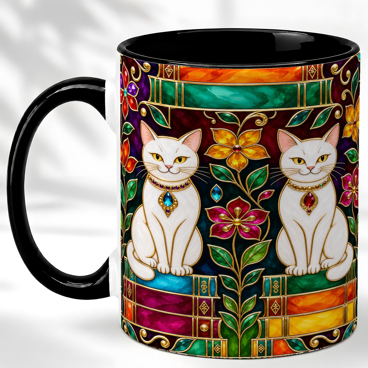 #pl[11oz|Black] Jeweled White Cats Coffee Mug, Floral Cat Mug, Ceramic Cup