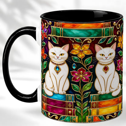 #pl[11oz|Black] Jeweled White Cats Coffee Mug, Floral Cat Mug, Ceramic Cup