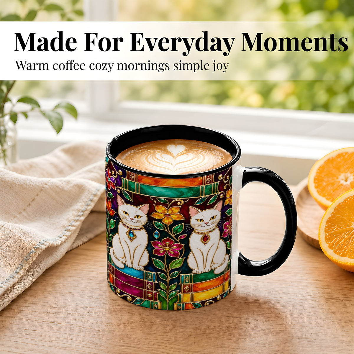 #pl[11oz|Black] Jeweled White Cats Coffee Mug, Floral Cat Mug, Ceramic Cup